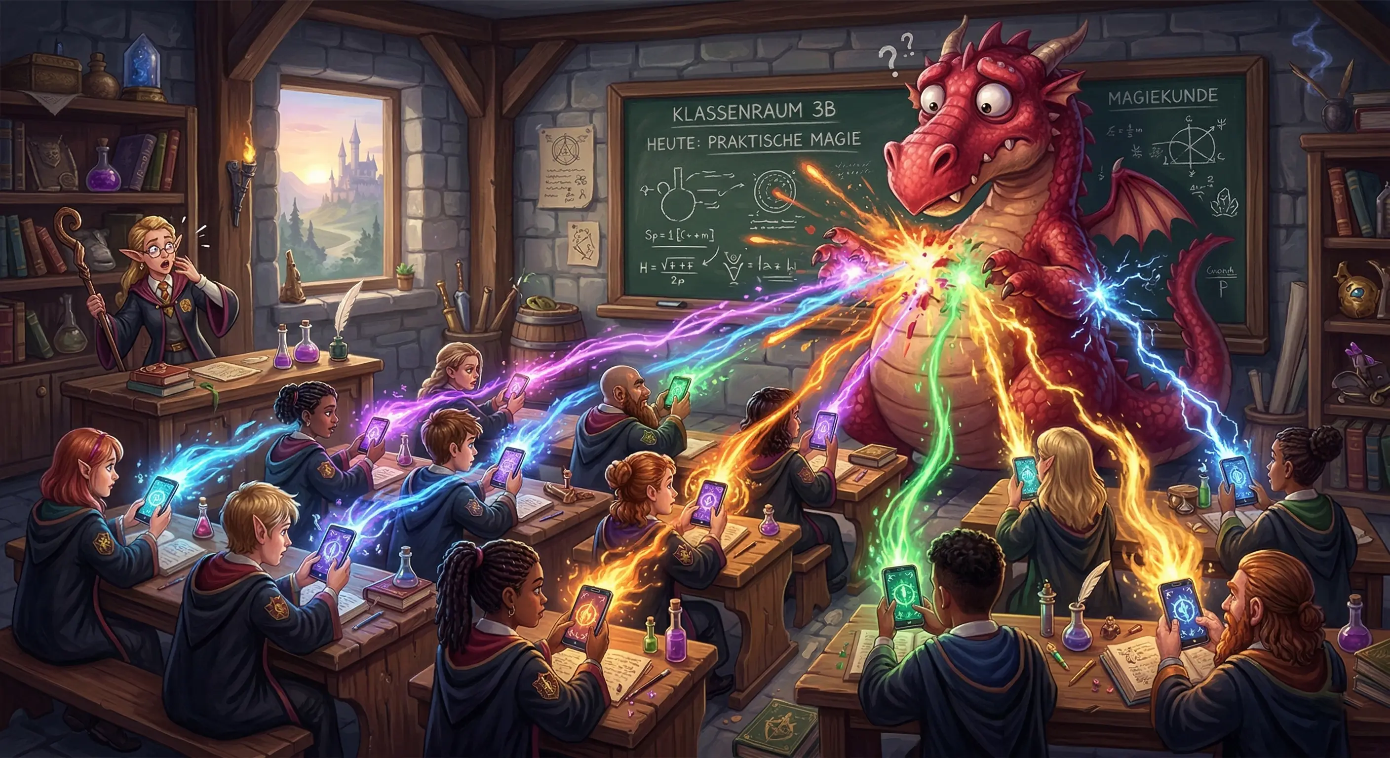 Eine lebendige Fantasy-Szene in einem Klassenzimmer. Schüler sitzen an ihren Tischen und halten leuchtende Smartphones, aus denen magische Energie strömt. Vorne an der Tafel steht ein riesiges, leicht dämliches rotes Drachen-Monster. Die Schüler greifen das Monster gemeinsam mit Magie an. Farbenfroher Fantasy-Stil.