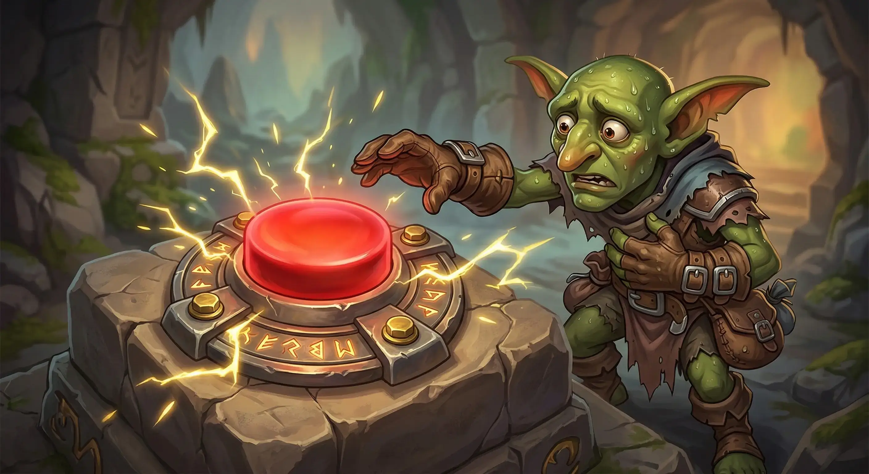 Ein großer, pulsierender roter Knopf mit gelben Blitzen drumherum, der auf einem steinernen Podest liegt. Ein kleiner, schwitzender Goblin überlegt nervös, ob er den Knopf drücken soll.